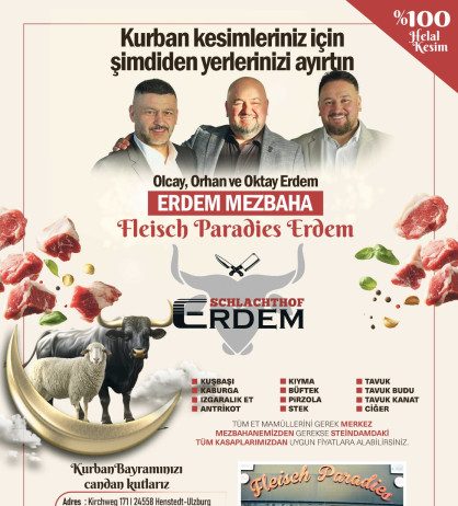 Hamburg ve çevresinde yıllardır güvenilir hizmet anlayışıyla tanınan Erdem Mezbaha, 2026 Kurban Bayramı hazırlıklarını tamamladı.